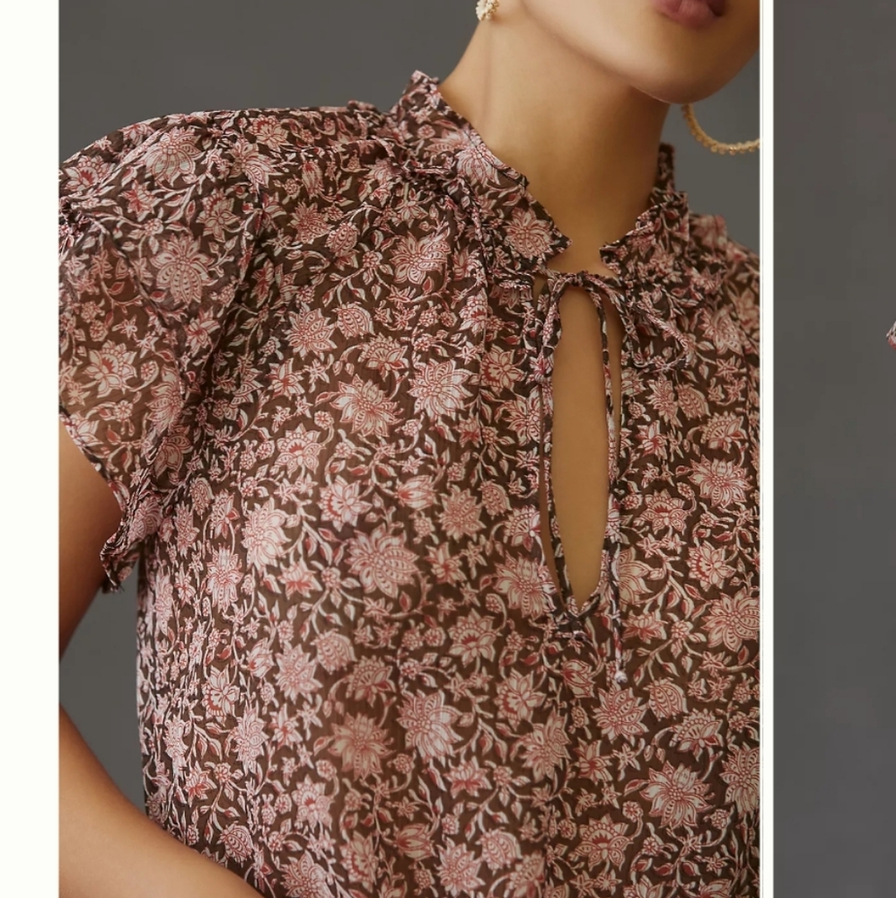 Anthropologie Brown and Pink Floral Tie At Neck Ruffle Sleeve Blouse Size Small